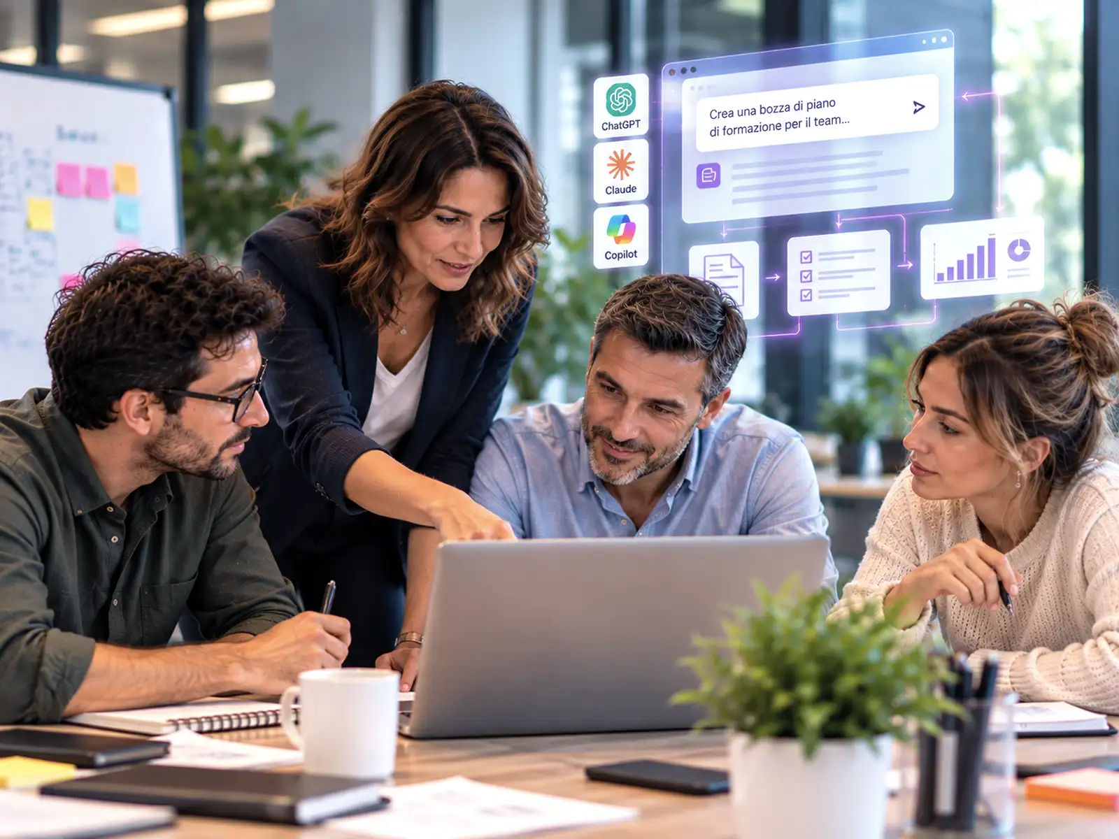 Professionisti durante un workshop pratico su ChatGPT, Claude e Copilot per il lavoro quotidiano