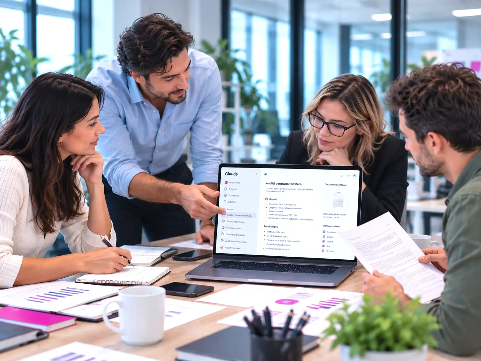 Professionisti durante una sessione pratica con Claude per analizzare documenti e organizzare informazioni