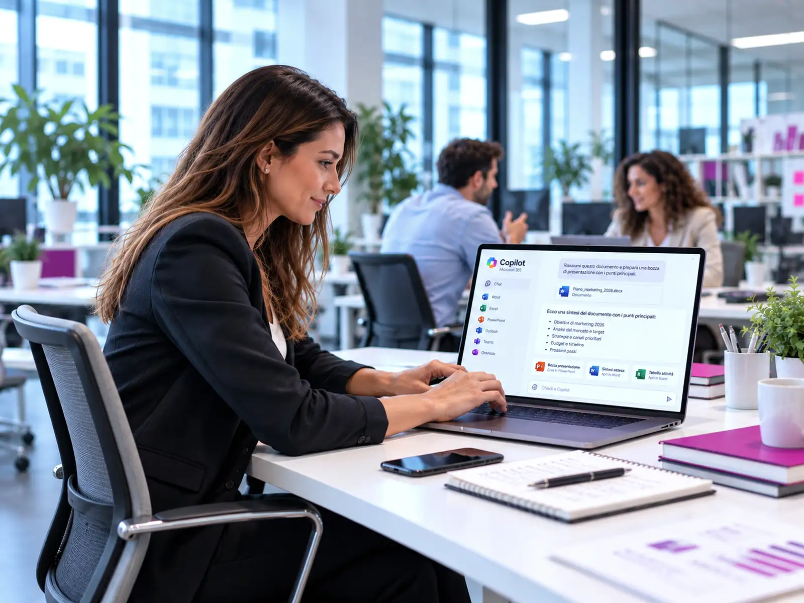 Professionista al lavoro con Microsoft 365 Copilot per analizzare documenti e creare contenuti