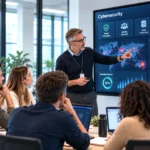 Docente durante un corso di cybersecurity aziendale con dashboard di sicurezza e monitoraggio delle minacce