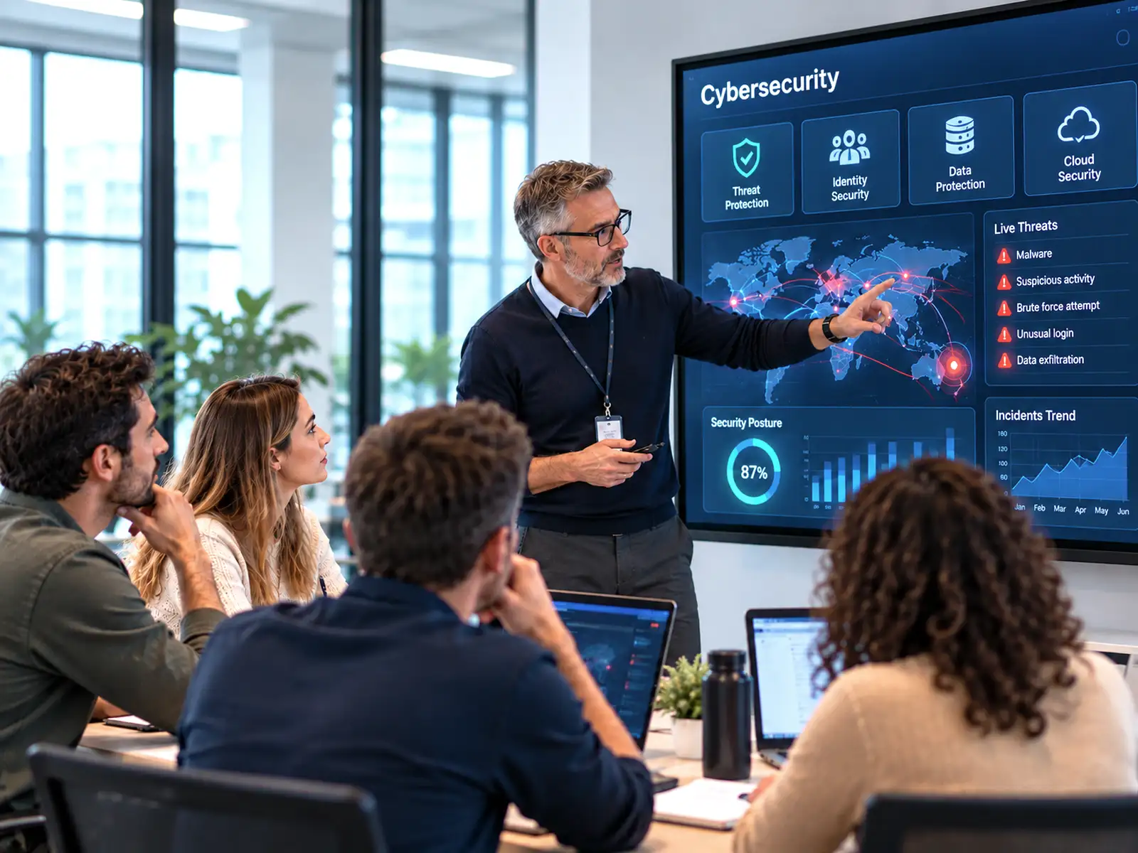 Docente durante un corso di cybersecurity aziendale con dashboard di sicurezza e monitoraggio delle minacce