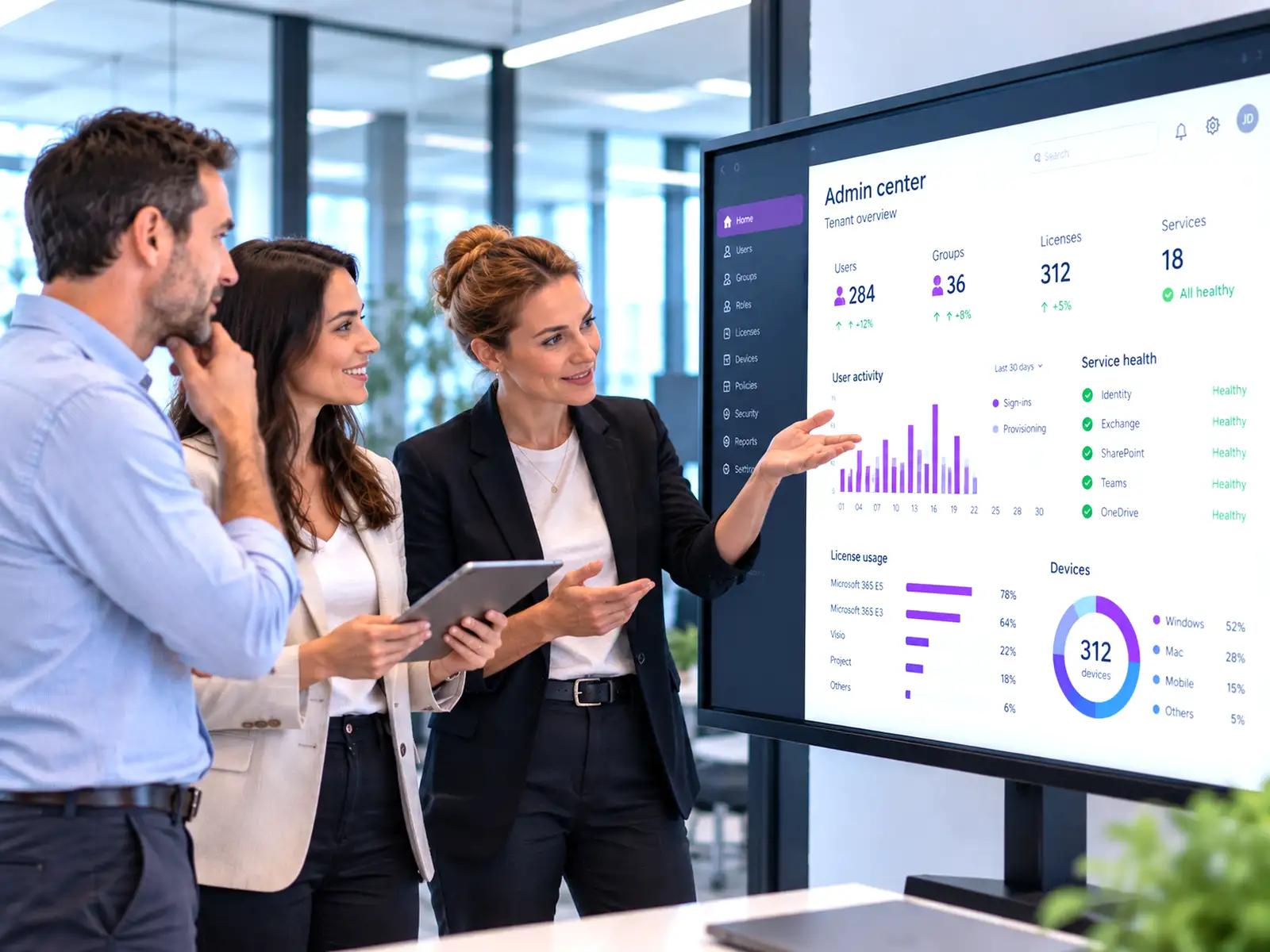 Professionisti durante una sessione pratica sulla gestione di utenti, licenze e servizi in Microsoft 365 Admin Center
