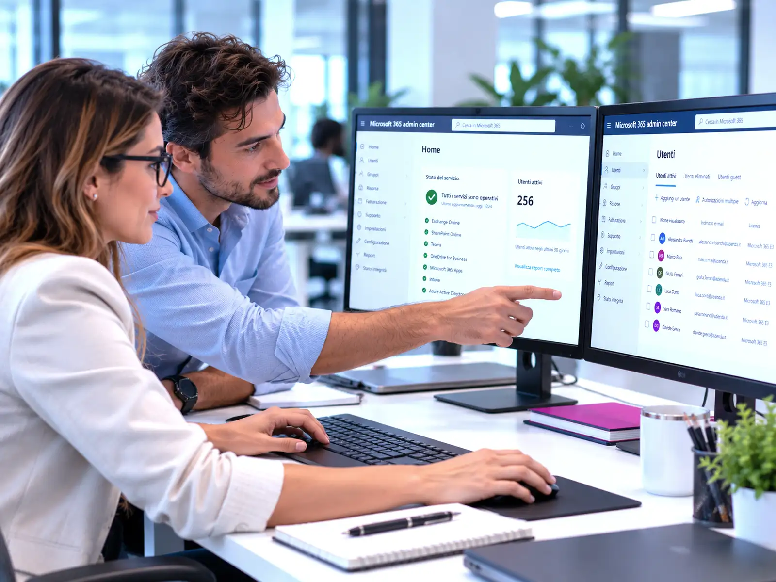Professionisti durante una sessione pratica sulla gestione di utenti e servizi in Microsoft 365 Admin Center