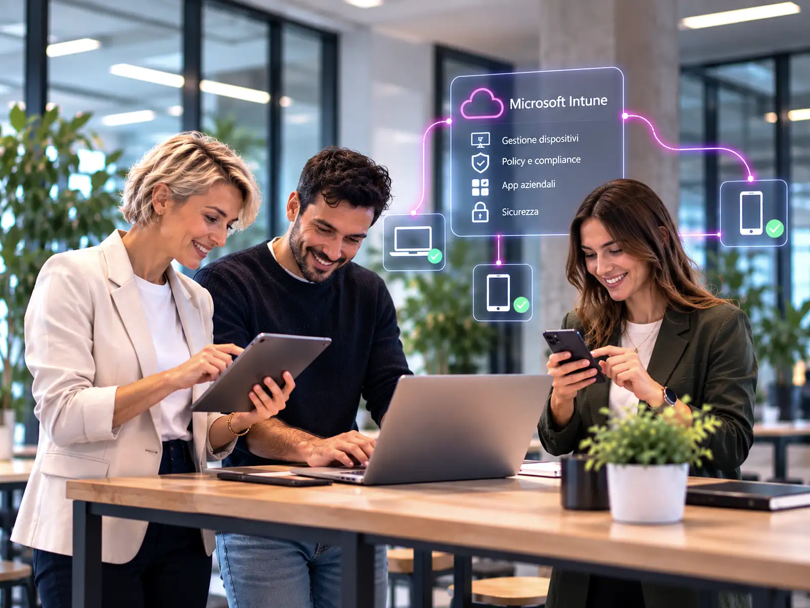 Professionisti durante un workshop pratico sulla gestione di laptop, tablet e smartphone con Microsoft Intune