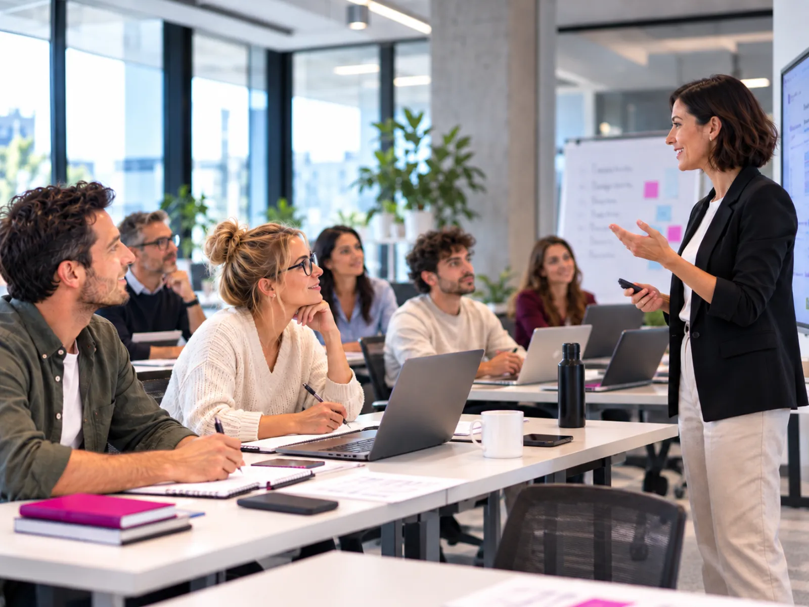 Docente durante un corso di formazione professionale in aula con partecipanti e computer portatili.