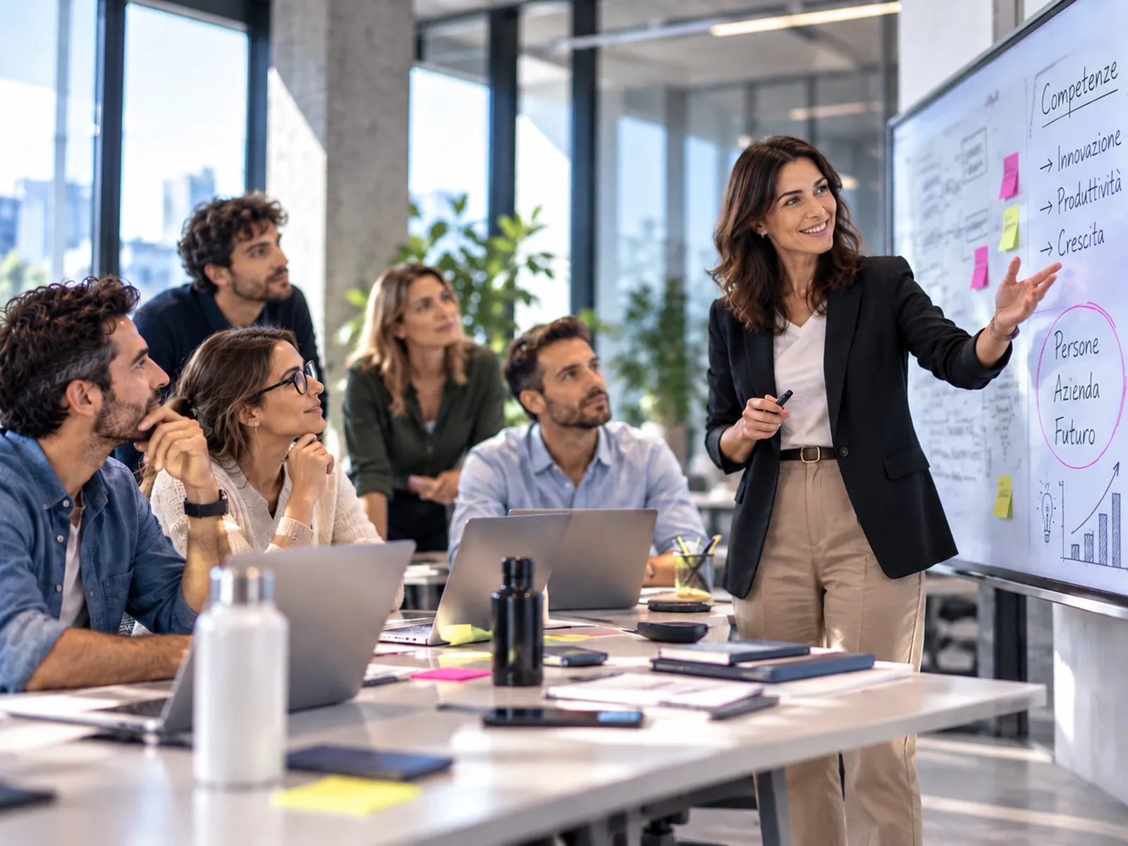 Docente durante un corso di formazione professionale in aula con partecipanti e computer portatili.